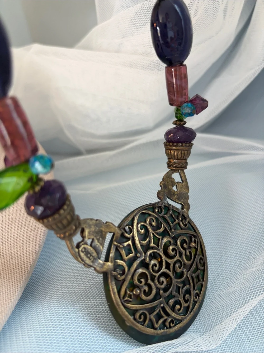 Chico's Green and Purple Statement Necklace with Matching Earrings Pierced